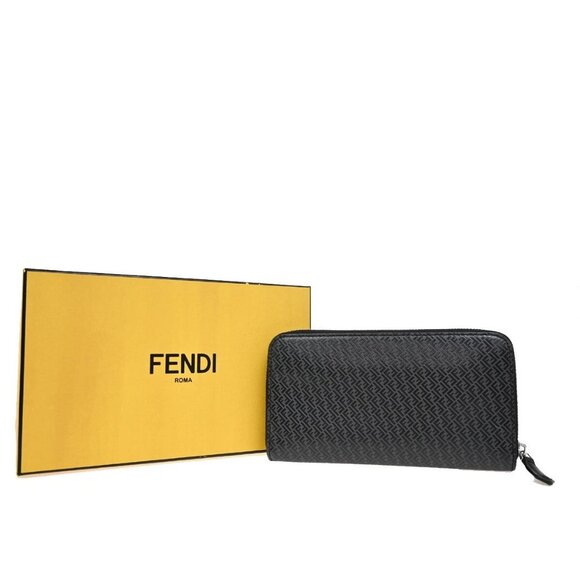 FENDI Logo Micro Zucca Pattern Long Zipper Wallet Embossing Leather